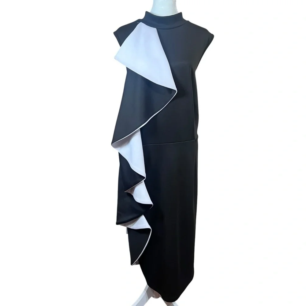 Handmade Vintage Black White Ruffled Cascade Mock Neck Halter Maxi Dress Size XL - Picture 1 of 8